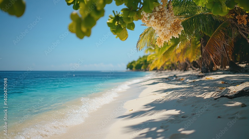 Aufkleber serene coastal view with soft waves lapping the sandy shore surrounded by lush palm trees on a sunny