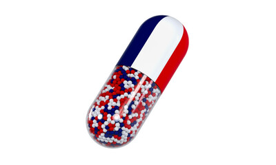 Capsule imprimée avec le drapeau français, concept de médicaments fabriqués en France - rendu 3D