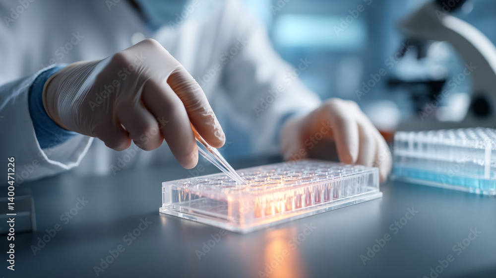 Aufkleber scientist using pipette with multi well plate in laboratory for scientific research and development