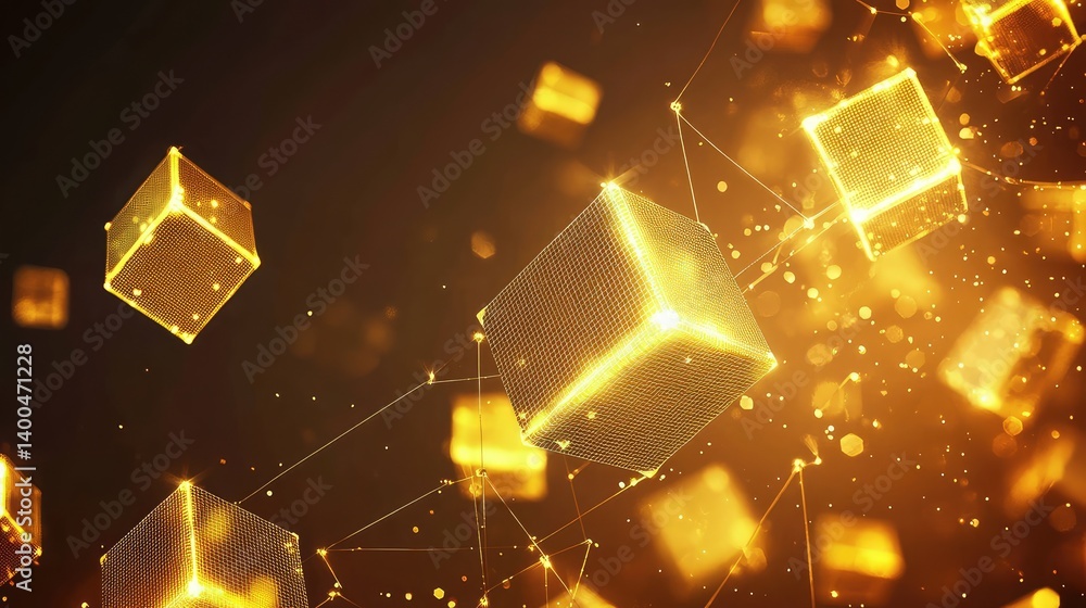 Poster abstract floating cubes in a glowing matrix grid background with copy space in the middle