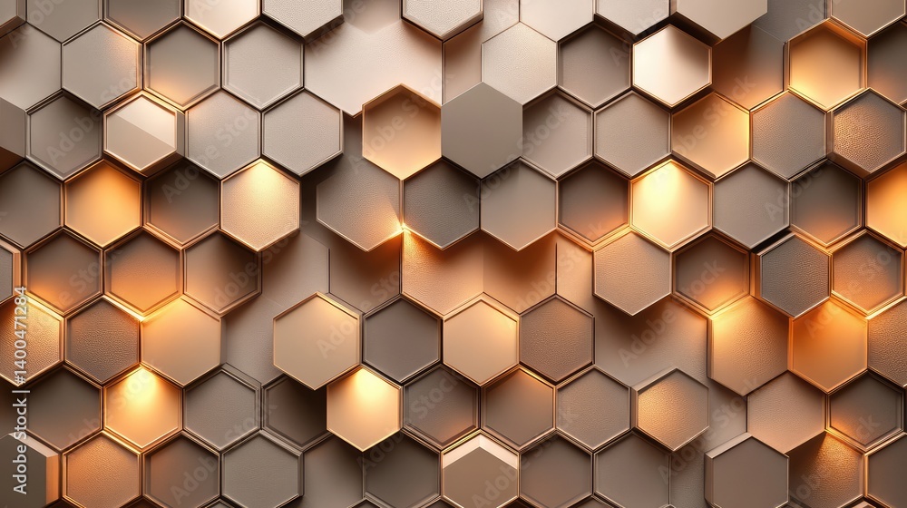 Poster abstract honeycomb pattern with soft golden glow, symmetrical geometric design for copy space