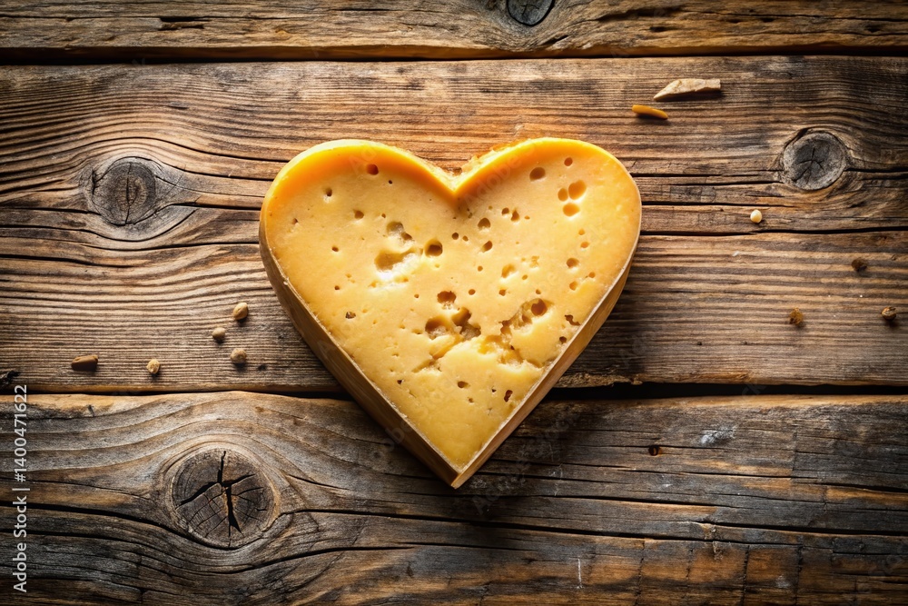 Aufkleber heart-shaped cheese block on rustic table - top view - stock photo