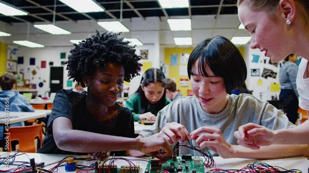 Aufkleber high-angle video shot of diverse students collaborating on electronics in a classroom, showcasing te