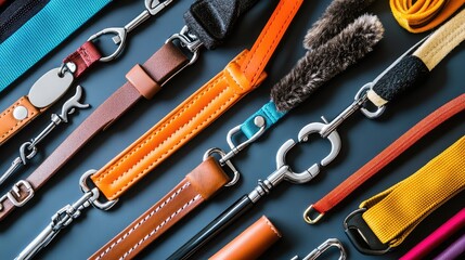 A close-up of pet products like collars, leashes, and grooming items arranged neatly with ample room for copy or branding
