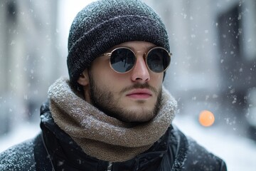 Winter urban stroll with a young man in a cozy coat and scarf enjoying snowfall in a city