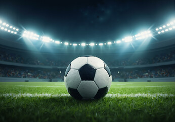 Fototapeta premium Soccer ball on stadium. Football ball on green grass field, sport game arena with grandstands and lights. Football championship concept