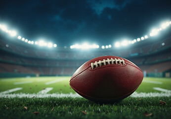 Stadium with football brown ball. American football game field with grass ground, sport arena with goal and floodlight. Football opening season or super bowl competition concept