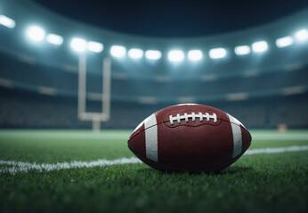 Stadium with football brown ball. American football field with grass ground and game equipment, sport arena with goal and floodlight. Football opening season or super bowl competition concept