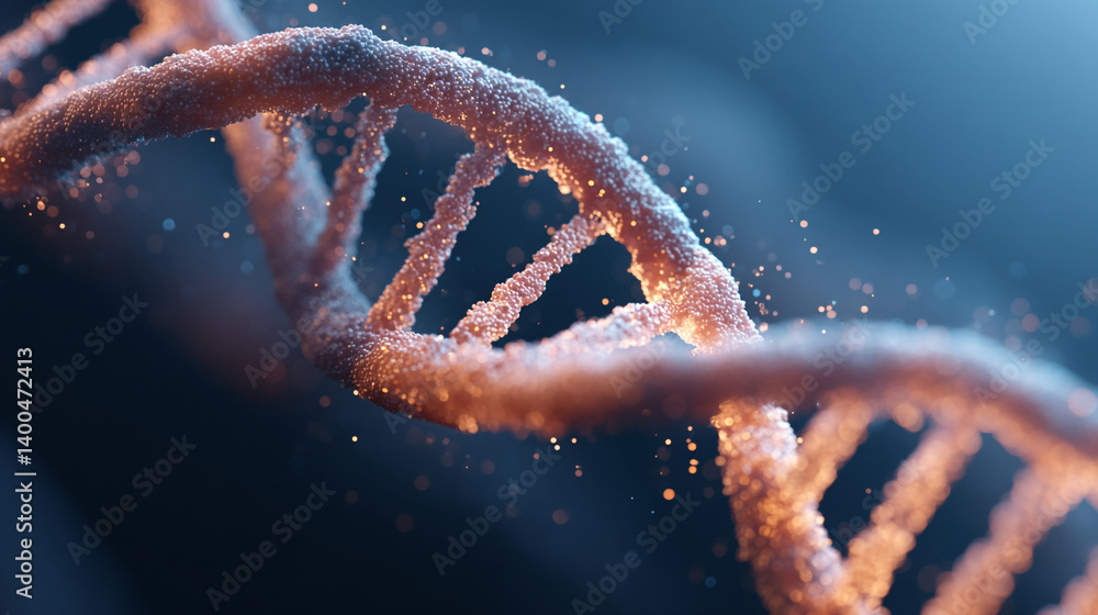 Poster detailed close up of a dna strand with a textured surface and particles floating around it in a dark