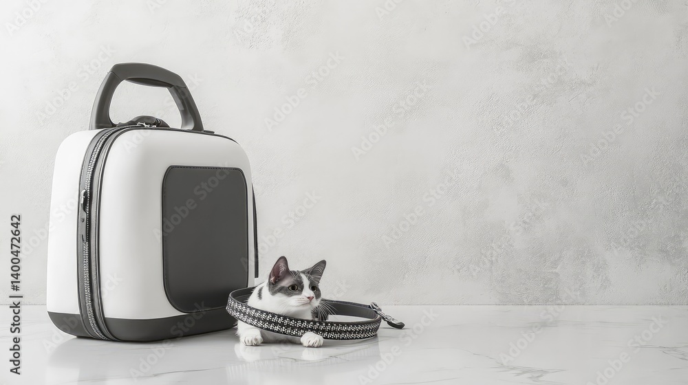 Poster a pet carrier, collar, and leash arranged on a smooth surface, with clean space for text overlay or 