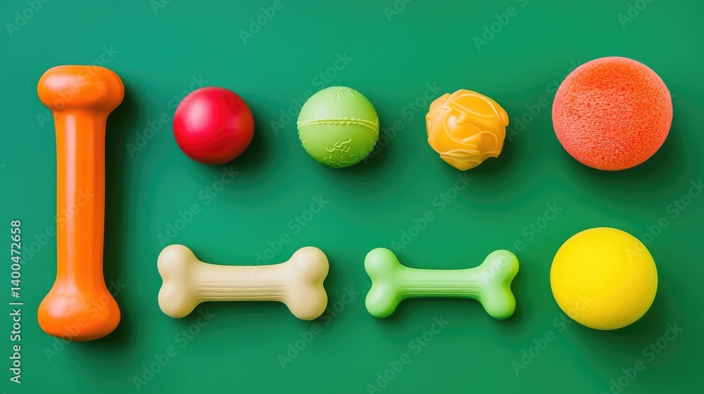 Poster a selection of dog toys including chew bones and squeaky balls, arranged with plenty of space for te