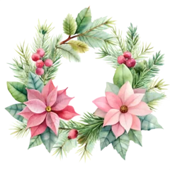  Festive Wreath: Delicate watercolor wreath. Adorned with vibrant poinsettias, and verdant greenery, evoking holiday cheer and natural elegance. © Ridwan
