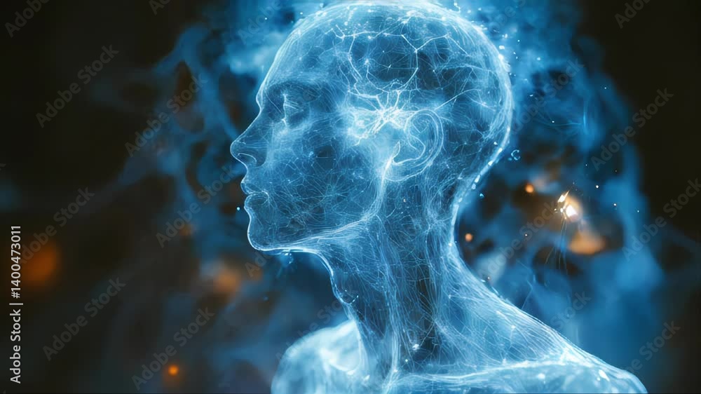 Poster a schematic representation of a human figure with illuminated neural connections in the brain, symbo
