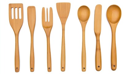 A set of bamboo kitchen utensils like a spoon, spatula, and tongs arranged neatly on a white background with ample space for copy above