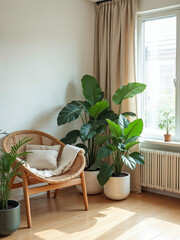 Fototapeta premium Wooden shelf with houseplants in warm natural light