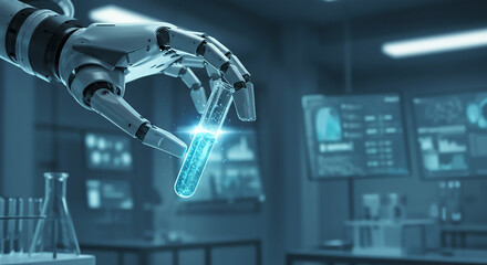 A robotic arm holding a test tube with blue liquid in a futuristic laboratory setting shown