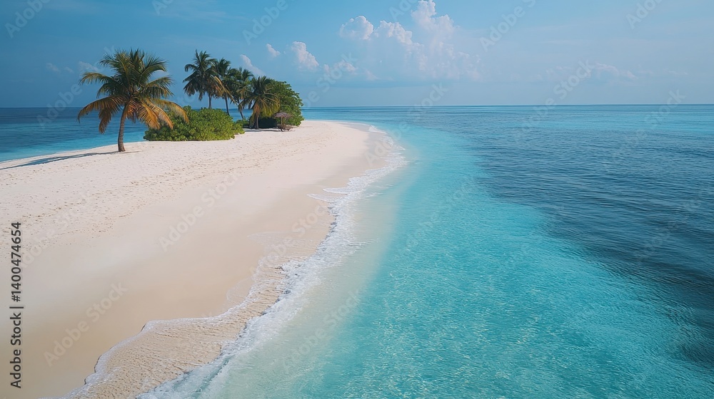 Poster serene coastal view with soft waves lapping the sandy shore surrounded by lush palm trees on a sunny