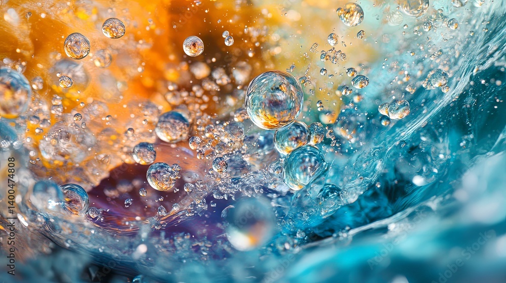 Poster abstract macro view of vibrant water droplets and bubbles with reflections.