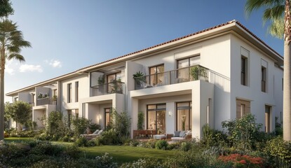 Modern townhouses, sunny exterior