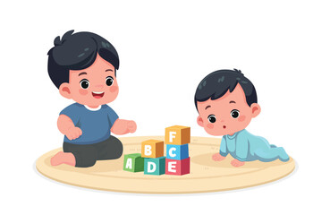 cute little baby boy play with elder brother sibling cartoon vector flat design