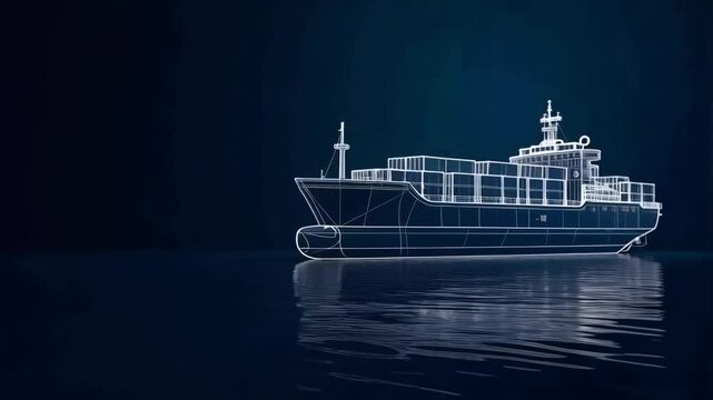 Digital shipping cargo and transport represented by a wire frame ship travelling across the ocean se
