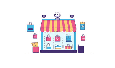 Obraz premium Online shopping, digital selling, ecommerce process, and customer experience through modern illustrated scenes on white background.