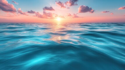 Naklejka premium Serene Ocean at Sunset: Rippling Water Reflecting Pink and Gold Skies
