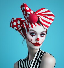 Portrait of a clown girl in a red and white striped costume, looking to the camera, melancholic look.	