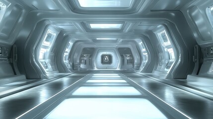 Futuristic corridor with bright white lights and glowing floor, clean copy space in center perspective