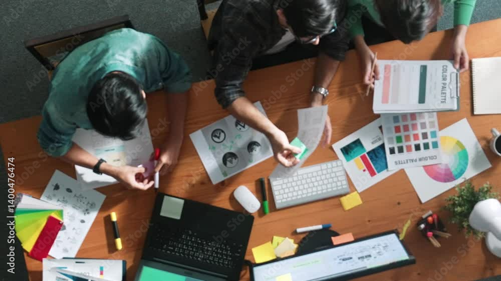 Poster top view of manager writing idea while team standing and giving comment. professional designer desig