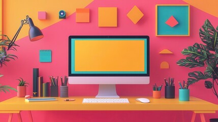 A vibrant home office setup featuring a modern computer and colorful decor, perfect for creative productivity.