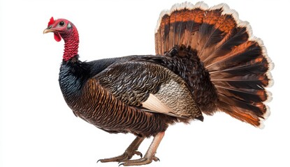 Majestic Wild Turkey Displaying Vibrant Feathers on White Background
