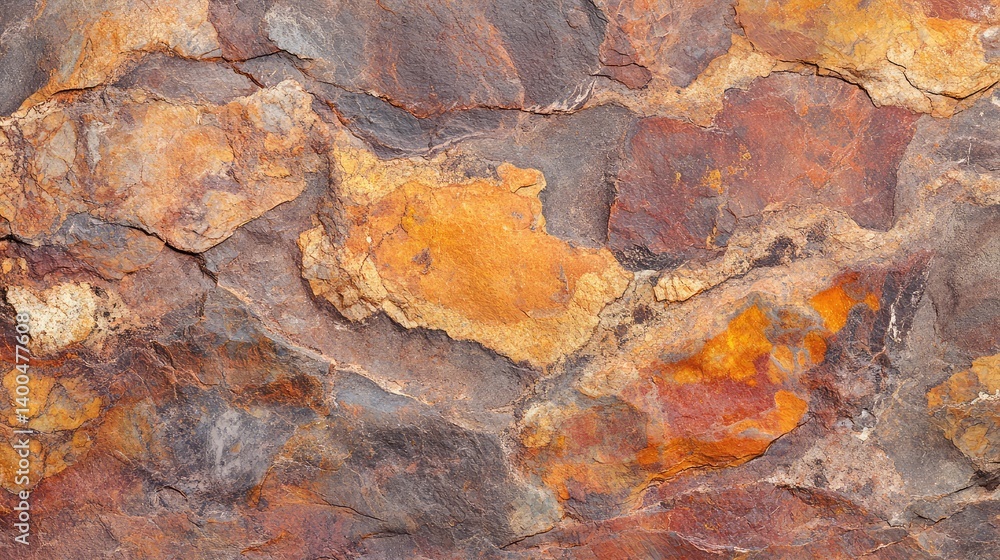 Poster macro shot of rough stone texture with small pebbles and earthy colors, ideal for rustic copy space