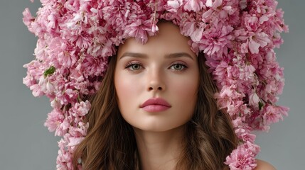 Naklejka premium Petals frame her face in a dreamy floral crown, capturing a timeless elegance where art and nature beautifully intertwine.
