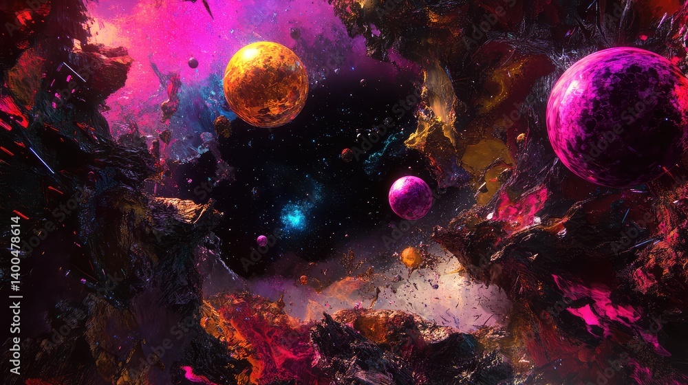 Poster neon-lit abstract sci-fi scene with floating orbs and a dark space for copy in the center