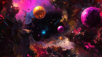Neon-lit abstract sci-fi scene with floating orbs and a dark space for copy in the center