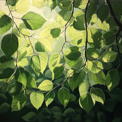 Green leaves on a tree branch in sunlight, vibrant and lush against a clear blue sky.