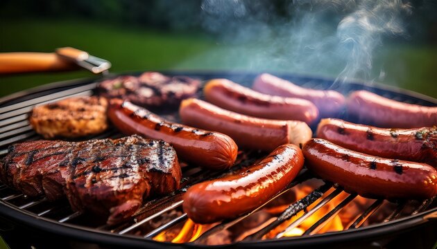 A close up view of the bbq grill cooking hotdogs, meat skewer and beef patties with some smoke and fire; celebrating the July 4th; summer time grilling; July 4th celebration with barbecue party; fun