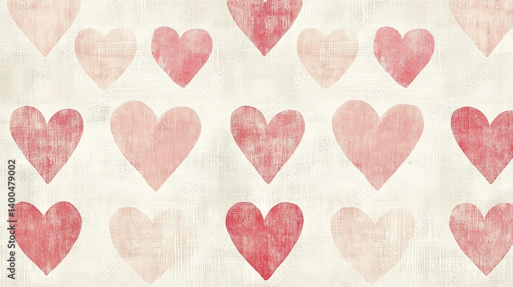 Poster repeating heart pattern in soft red and pink hues on neutral backdrop, romantic and playful copy spa