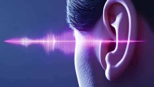 Pink sound waves are entering a human ear, illustrating the process of hearing and auditory perception, with potential implications for hearing health, audiology, and communication