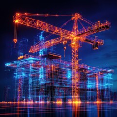 Digital Construction: Crane and Wireframe Building at Night