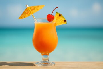 Delightful Tropical Cocktail Garnished With Fruit and Umbrella Against a Vibrant Ocean Backdrop