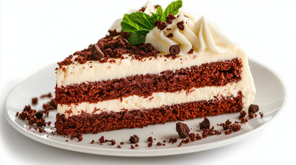 Delicious chocolate cake slice with creamy frosting, topped with chocolate crumbs and mint leaves, perfect for dessert lovers