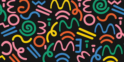 Memphis geometric seamless pattern. Pink pastel abstract background in retro 80s, 90s style with various shapes: circles, semicircles, dots, zigzags, spirals, wavy lines. vector