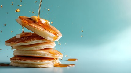 A captivating arrangement features pancakes with maple syrup droplets suspended gracefully in mid-air, set against a soothing pastel blue background