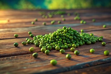 Green Mung Beans Spilled on Rustic Wooden Floor - Organic Food Stock Photo
