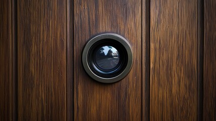 A peephole on a rich dark brown wooden door, reflecting a blurry street scene.