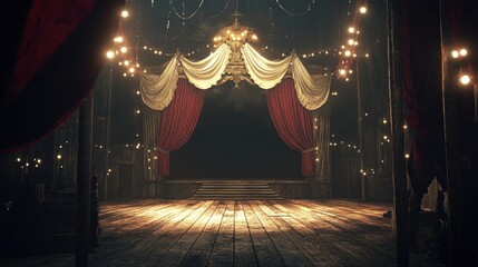 A vintage stage, draped in crimson and cream, bathed in warm, ambient light.