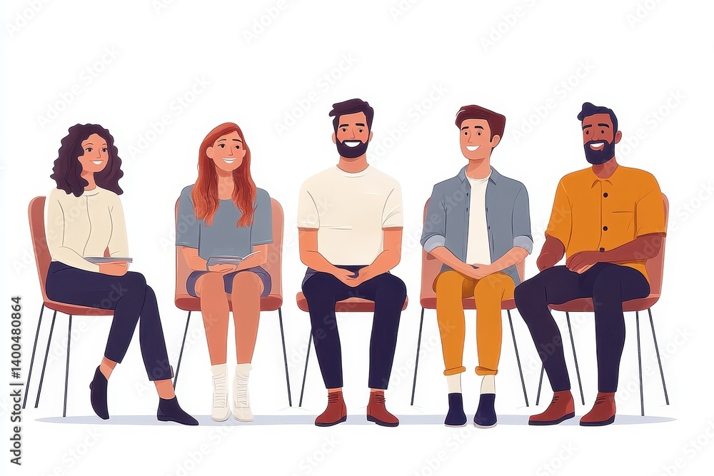 Poster business meeting with diverse miniature figures discussing strategies at a round table in a professi