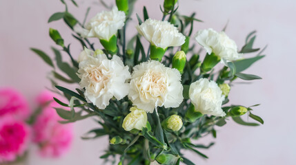 Obraz premium White Carnations in a Bouquet Against a Soft Pink Background 